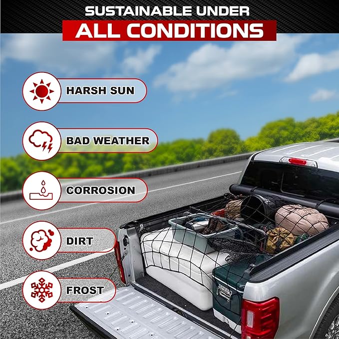 [Premium] 4'x6' Heavy Duty Cargo Net Stretches to 8' x 12', Extra Thick 10mm Cord Bungee Cargo Netting for Pickup Truck Bed, Roof Rack Net & 12 PCS Steel Carabiners