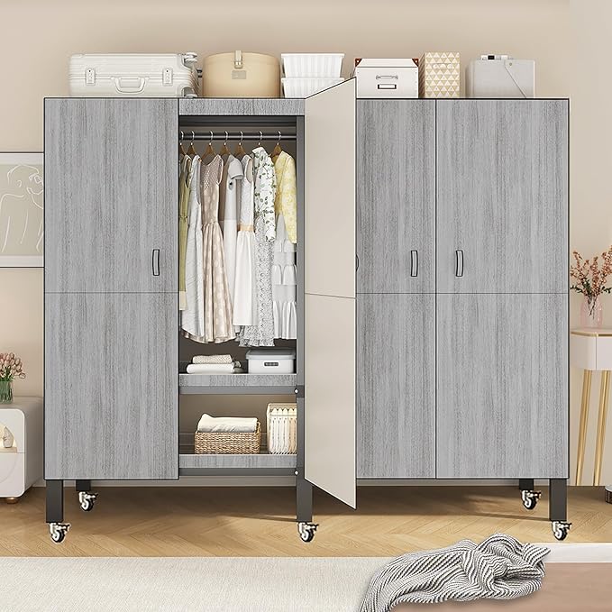 YTLEMON Heavy Duty Clothes Rack with Magnetic Door, Metal Foldable Covered Clothes Rack, Portable Wardroobe Closet System for