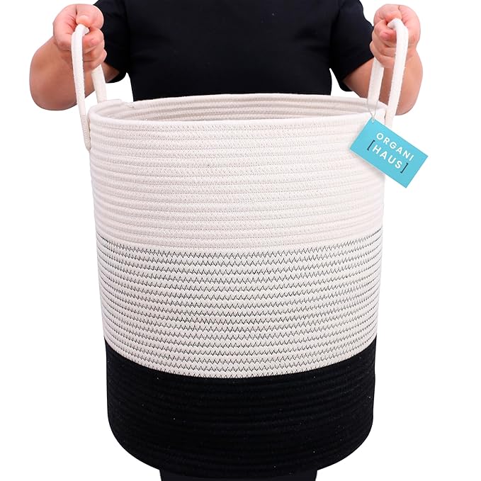 OrganiHaus Large Black & White Woven Laundry Basket w/Handles 52L, Rope Dirty Clothes Hamper, Blanket Basket for Living Room,