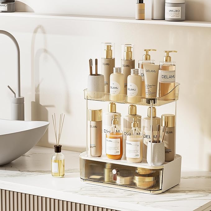 Delamu 3-Tier Bathroom Counter Organizer with Drawer, Multi-Purpose Makeup Organizer Countertop for Vanity, Large Cosmetic Di