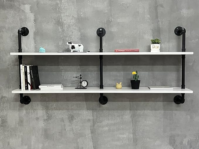 Industrial Pipe Shelving Rustic White Pipe Wall Shelves Industrial Shelves with Wood Planks Floating Shelves 60 Inch Farmhous