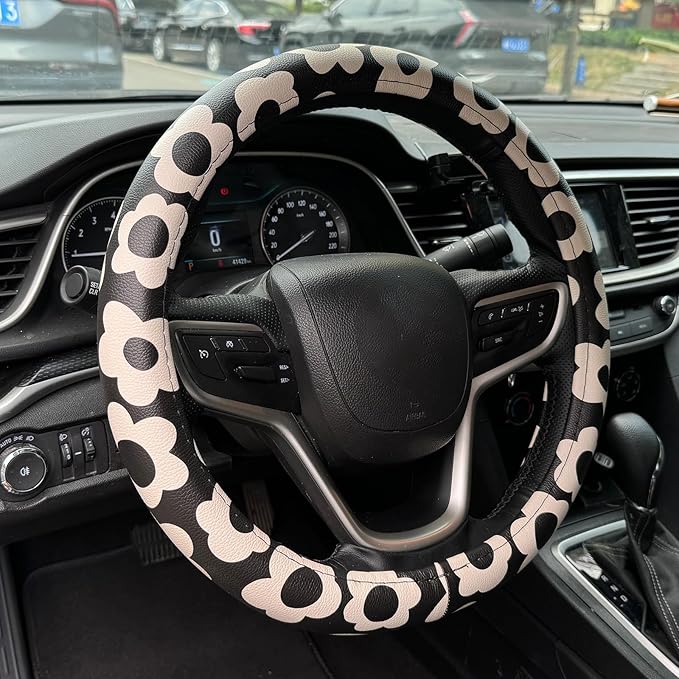 Vintage Groovy Flowers Car Leather Steering Wheel Cover - 15-inch Universal Microfiber- Soft & Breathable & Silicone Anti Sli
