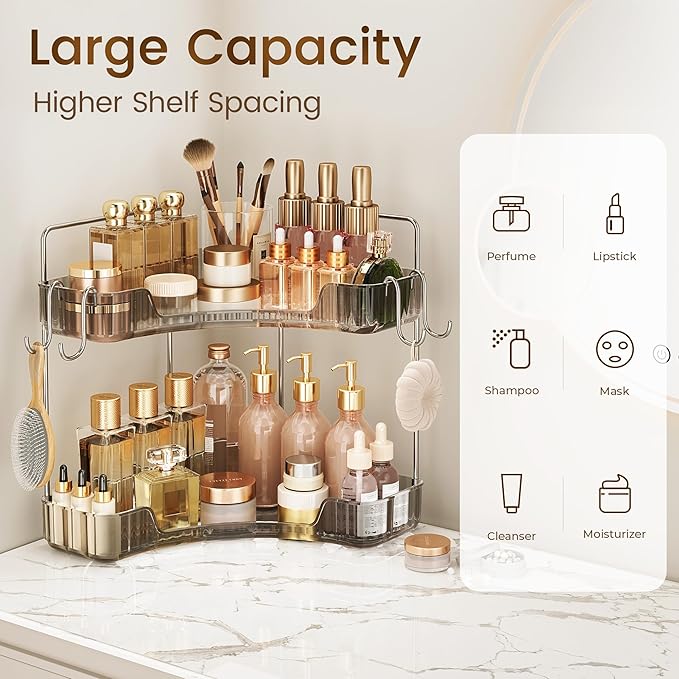 Corner Counter Organizer, 2-Tier Bathroom & Kitchen Storage Tray with Hooks | Clear Vanity Organizer for Skincare, Makeup & J