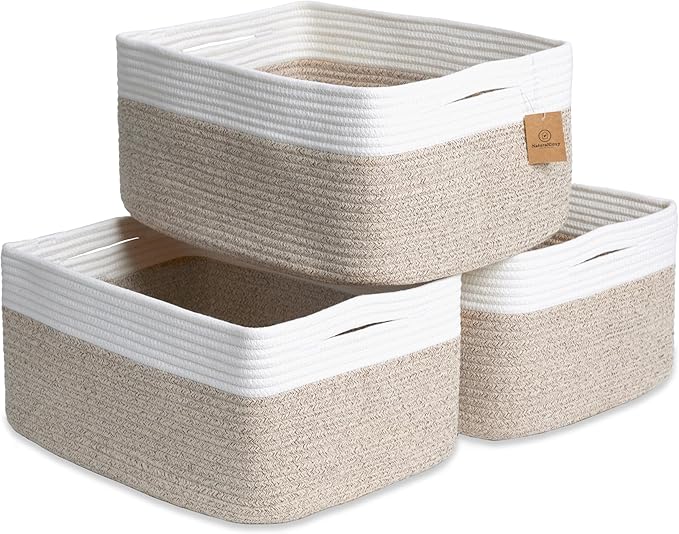 NaturalCozy Storage Baskets 16.8”x13”x7.6” Cotton Rope Woven Baskets for Organizing 3-Pack | Toy Storage Bins | Basket for Sh