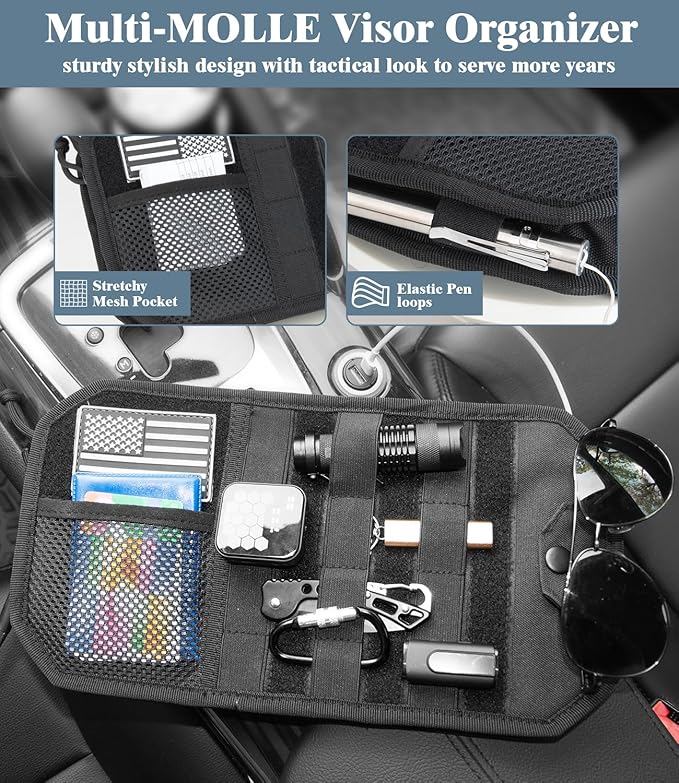 DEEPLITE Car Sun Visor Organizer with Double Zipper Multi-Pockets & Glasses Clip, Semi-Rigid Molle Panel with Patch for Driving Essentials - Heavy Duty Straps Fits Trucks, SUV, Vehicles