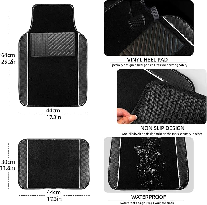 NBTEPEM 10 Pcs Car Floor Mats Full Set Car Accessories, Microfiber Leather Steering Wheel Covers 14.5-15 inch, Center Console Cover, Seat Belt Pads, Cup Coasters, Universal Interior Decor(White)