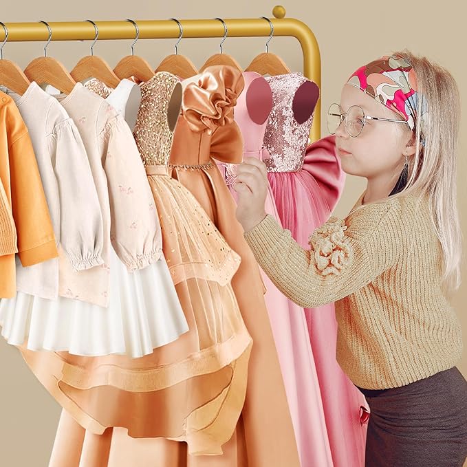 Kids Gold Clothing Rack - Dress Up Clothes Rack - Baby Toddler Closet - Freestanding Coat Racks with 2 Fabric Shelves - Small