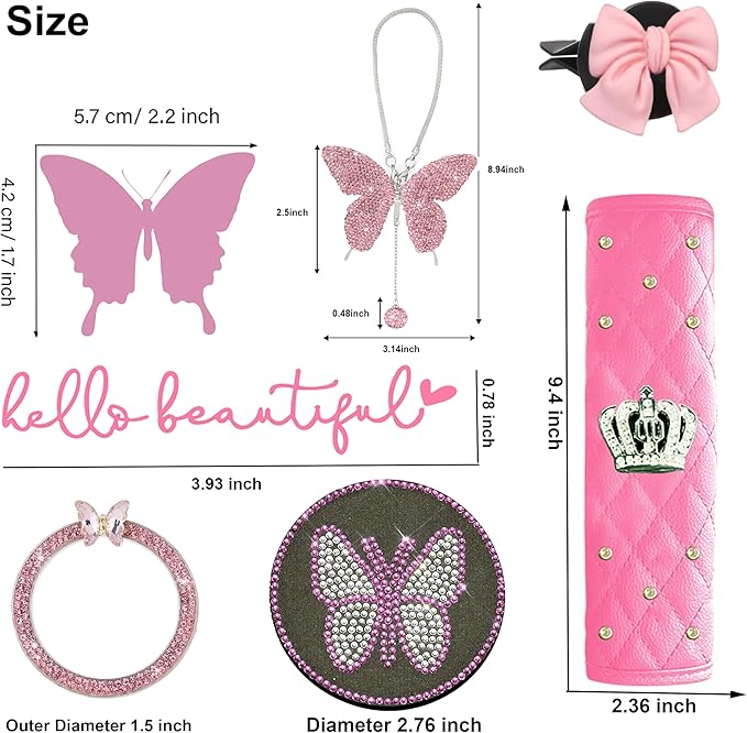 Dotesy 16 Pcs Bling Car Steering Wheel Cover Set with Crystal Seatbelt Shoulder Pads Diamond Butterfly Car Accessories for Women (Pink)