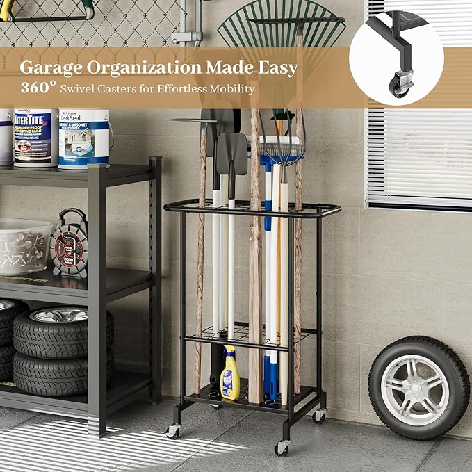 Garden Tool Organizer with Wheels, Heavy Duty Metal Garage Tool Storage Rack, Yard Tool Holder for Long-Handled Tools, Rakes 