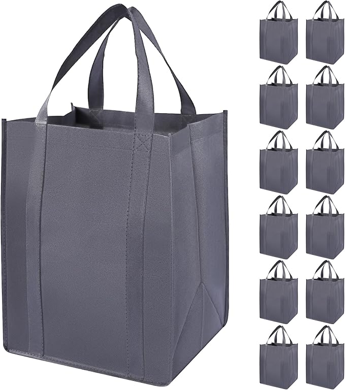 12 Pack Heavy Duty Reusable Grocery Bags - Large Shopping Totes Reinforced Handles, Holds 40 lbs, Foldable and Washable (Grey)