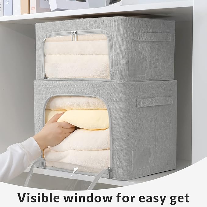 FHSQX 2 Pack Clear Window Storage Bins - Large Stackable Linen Fabric Storage for Clothes Foldable Container Organizer Set wi