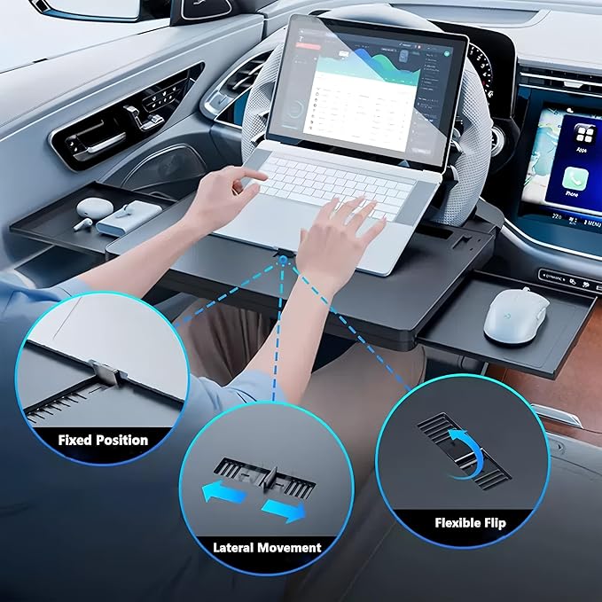 Extendable Car Steering Wheel Tray – Adjustable Car Steering Wheel Desk for Laptop & Eating, 2-in-1 Food Trays for Car, Office, Steering Wheel Desk with Slot for Tablet