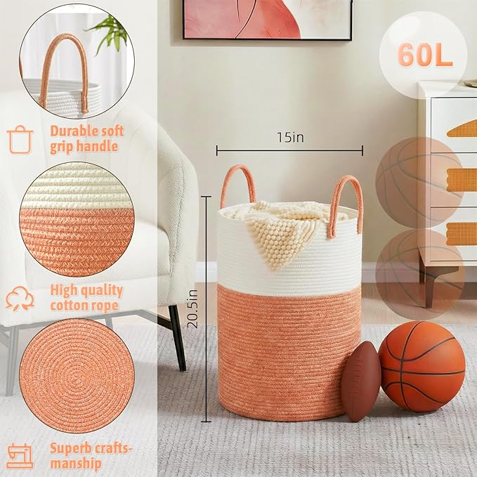 Laundry Basket,Woven Cotton Rope Laundry Hamper,60L for Decor Storage of Dirty Clothes,Toys and Blankets in Bathroom,Baby Roo