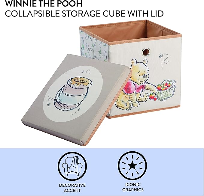 Idea Nuova Winnie the Pooh Collapsible Storage Cube with removable Lid, 10" Wx10 Hx10 D