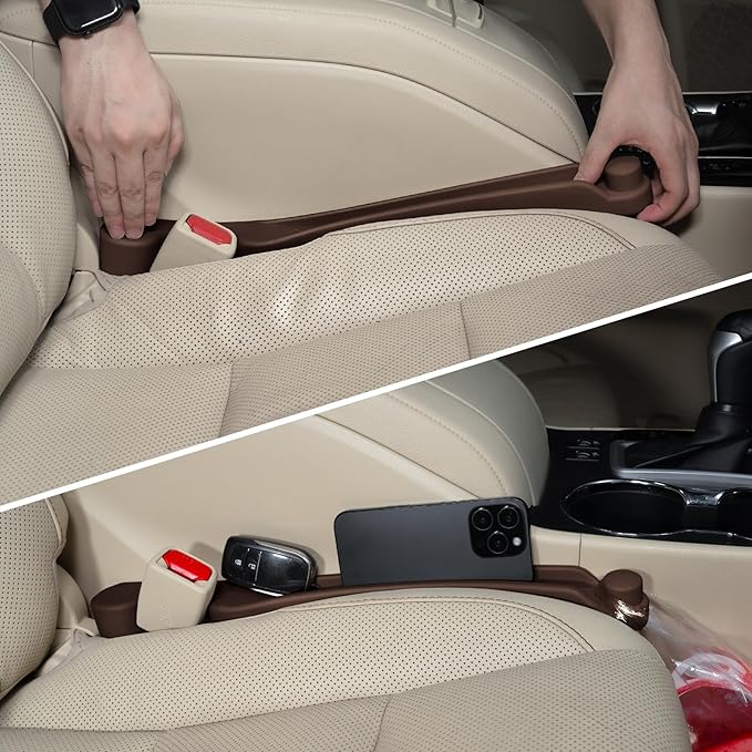 Car Seat Gap Filler Set of 2, 3IN1 Seat Side Gap Filler Plug with Storage Slot & Hook Function, Soft Foam Universal Fit Car SUV Truck Fill Gap Between Seats Console Organizer（Standard Brown）