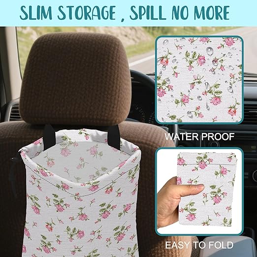 Car Garbage Bag Small Pink Rose Floral Drawstring Car Trash Bag Hanging for Back Seat with Adjustable Buckle Canvas Vehicle Trash Can Easy-to-Install