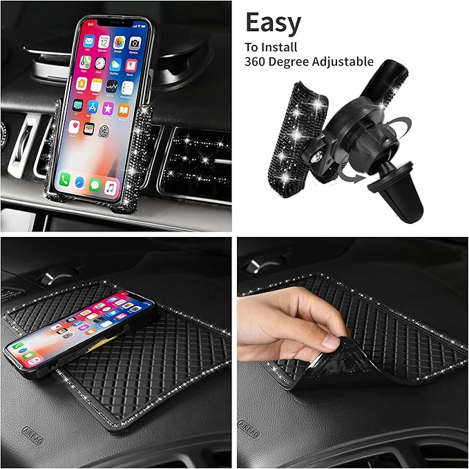CAR PASS 30 PCS Bling Diamond Car Accessories Set for Women, Bling Steering Wheel Covers 15 Inch, Shining Rhinestone License Plate Frame, Sparkly Phone Holder, Cute Interior Set Decorations, Black