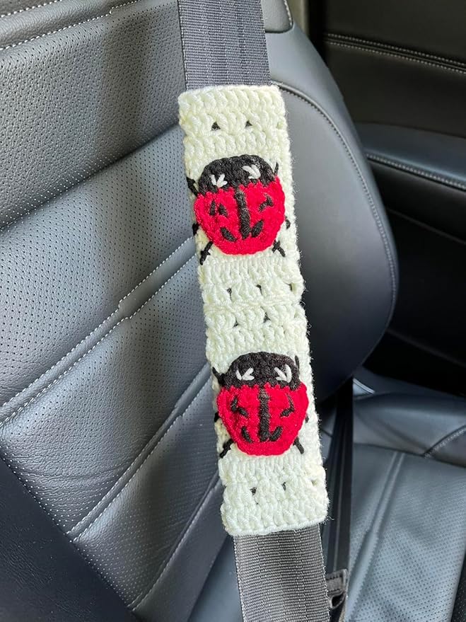 Crochet Ladybug Steering Wheel Cover Universal 14-15 inch (A,Wheel Cover+2 Belt Cover)