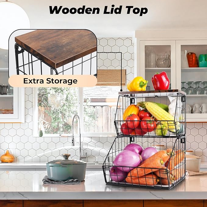 Wawocs 2 Tier Stackable Wall Mounted Hanging Basket, Fruit Basket for Kitchen Counter, Storage Bin with Wood Lid, Onion Stora
