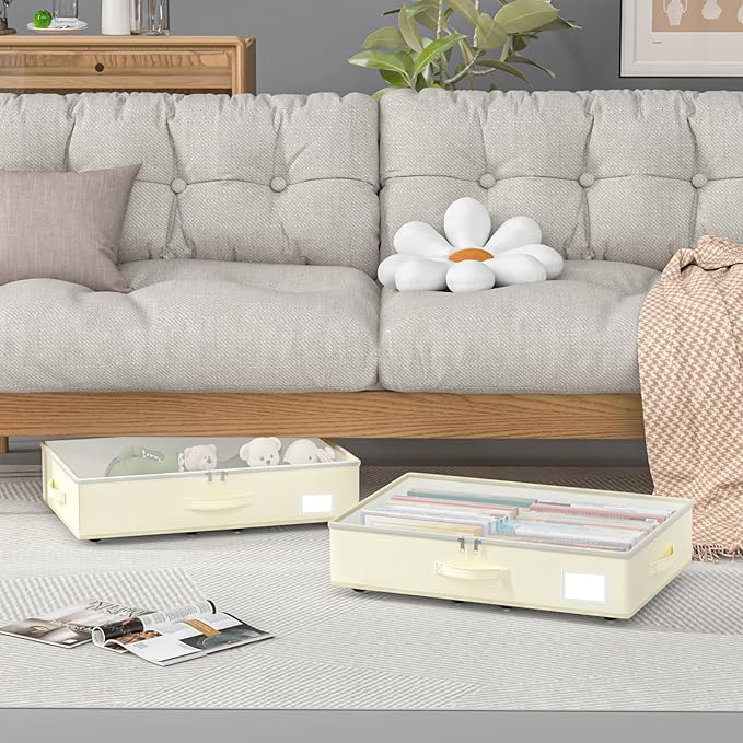 Under Bed Storage with Wheels, No Assemble Required 5.5 inches height beige under bed storage bins,Low Profile Rolling Underb