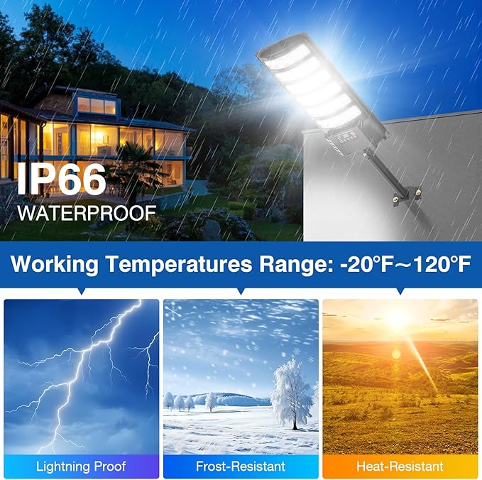 Solar Street Lights Outdoor Waterproof , 6500K 320°Wide Angle Flood light, LED Solar Parking Light with Motion Sensor and Rem