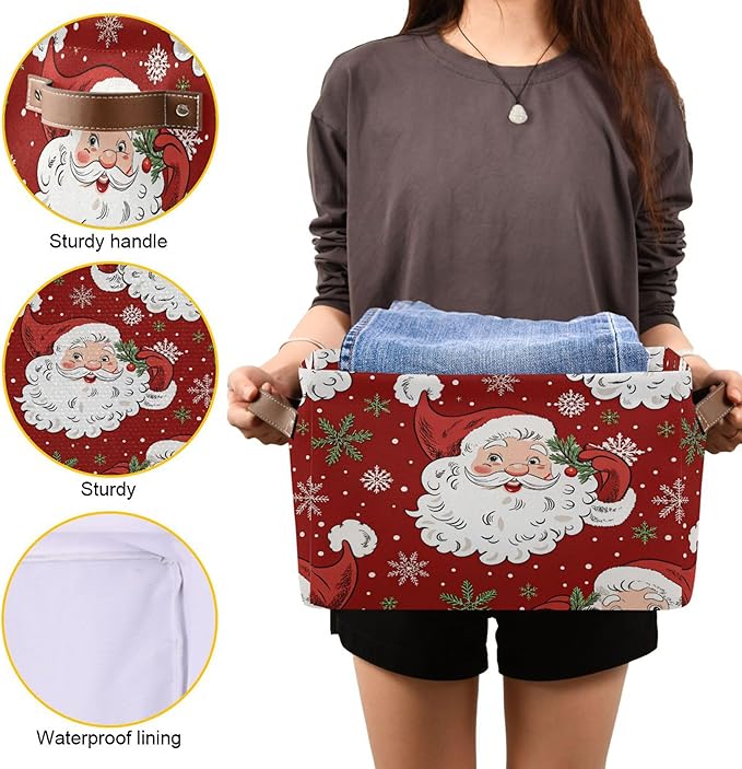 xigua Christmas Decoration Storage Basket Santa Collapsible Storage Bins Waterproof Canvas Storage Basket with Leather Handle