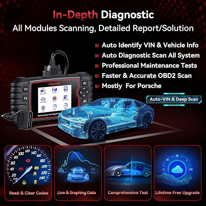 Bidirectional Diagnostic Tool for Porsche/Cayenne, iCarsoft 2026 POR V3.0 All System OBD2 Scanner, 27 Resets +12 Extra Services