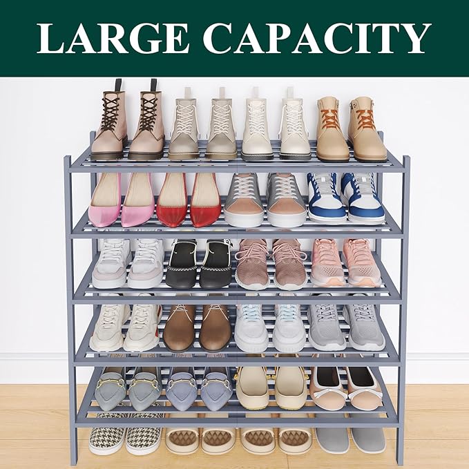 Smiry Long Bamboo Shoe Rack 5-Tier, Stackable Wooden Shoe Organizer for Entryway & Closet, Free Standing Wood Shoe Storage Sh