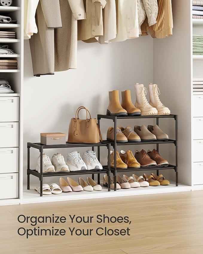 SONGMICS 2-Tier Shoe Rack for Closet, Compact Metal Shoe Organizer Shelf for Entryway, Bedroom, Small Spaces, Stackable, 11.8