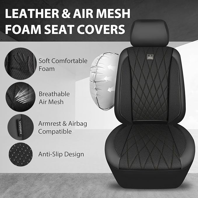 CAR PASS Thick Foam 3D Air Mesh Leather Car Seat Covers Front Seats Only, Luxury Breathable Premuim PU Leather Two Front Seat