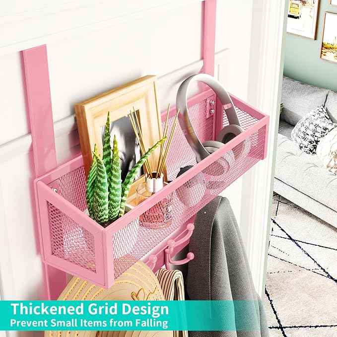 HapiRm Over The Door Hooks - Easy Installation Pink Door Hanger with Basket and 16 Hooks, 304 Stainless Steel Storage Organiz