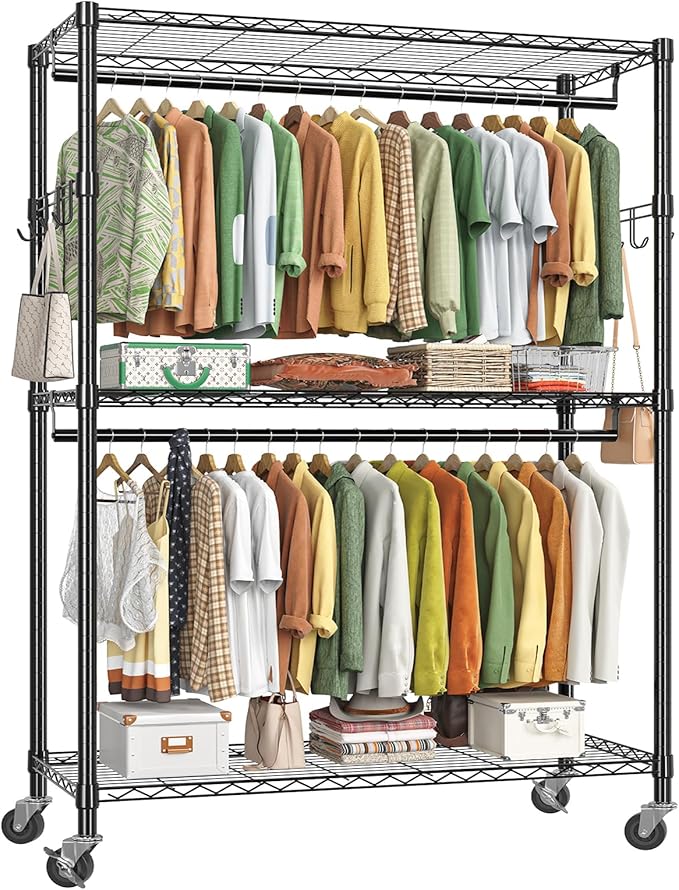 Simple Trending Heavy Duty Clothing Rack 3 Tiers Adjustable Wire Shelving Clothes Rack with Double Rods and Side Hooks, Frees
