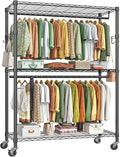 Simple Trending Heavy Duty Clothing Rack 3 Tiers Adjustable Wire Shelving Clothes Rack with Double Rods and Side Hooks, Frees