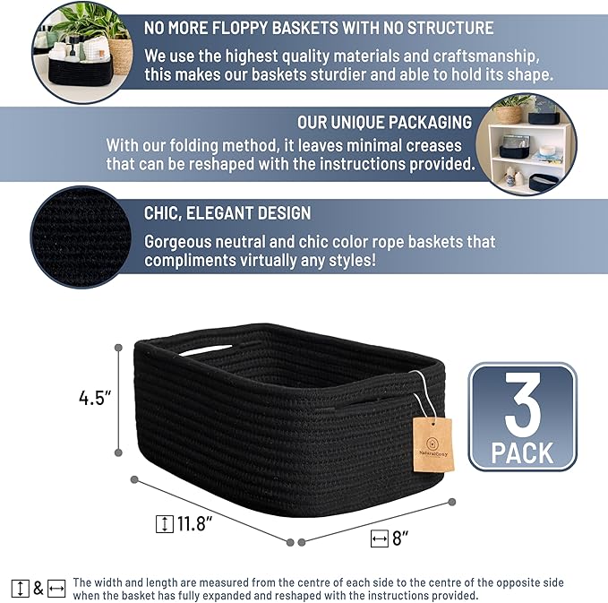 NaturalCozy 11.8"x8"x4.5” Rectangle Storage Baskets for Shelves 3 Pack | Cotton Rope Woven Small Baskets for Organizing | Sma