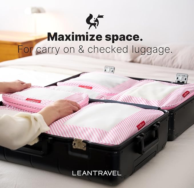 LeanTravel Premium Compression Packing Cubes for Travel - Suitcase Organizer Bags with Double Zipper & Breathable Mesh Panel 