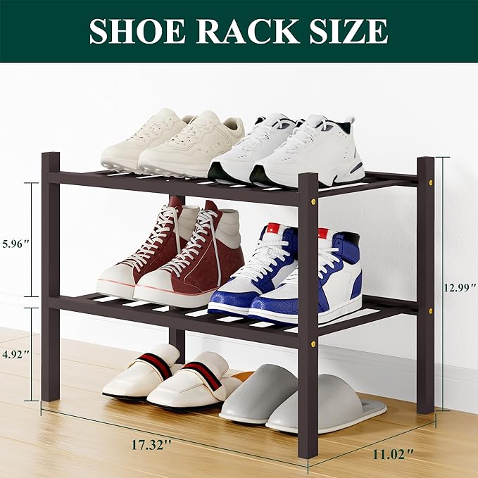 Smiry Shoe Rack, 2 Tier Small Bamboo Shoe Organizer, Stackable Free Standing Wooden Shoe Storage Shelf for Closet, Entryway, 