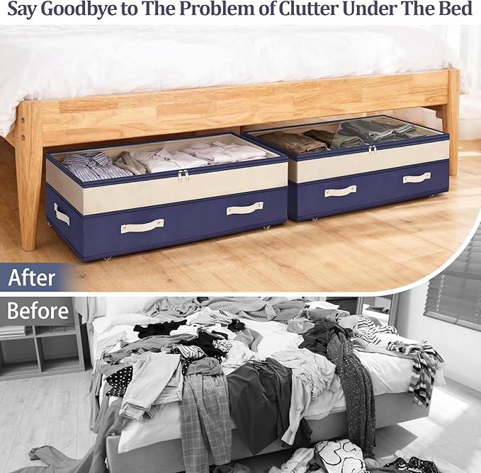 Dolicer 2 Pack Under Bed Storage with Wheels, 6in-10in Height Adjustable Underbed Storage Containers, 92L XXXL Under Bed Draw