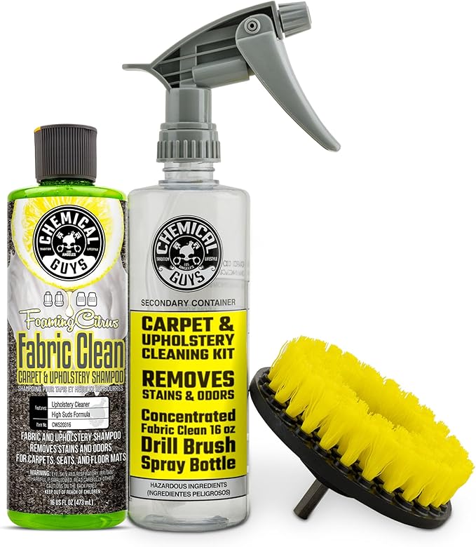Chemical Guys Foaming Citrus Fabric Clean Drill Brush Kit - High Foaming Stain and Odor Remover, Upholstery, Floor Mat & Car 