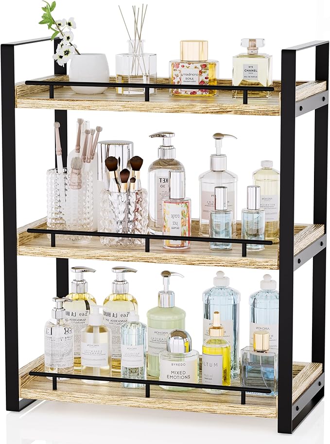 Bathroom Counter Organizer, 3 Tier Wood Countertop Shelf for Vanity, Skincare, Makeup, Kitchen Coffee and Sink Storage, with 
