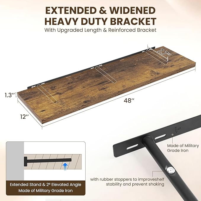 Dreamland 48" Floating Shelves for Wall, 12" Deep Slim Rustic Brown Floating Shelves, Wall-Mounted Shelves for Bedroom, Livin