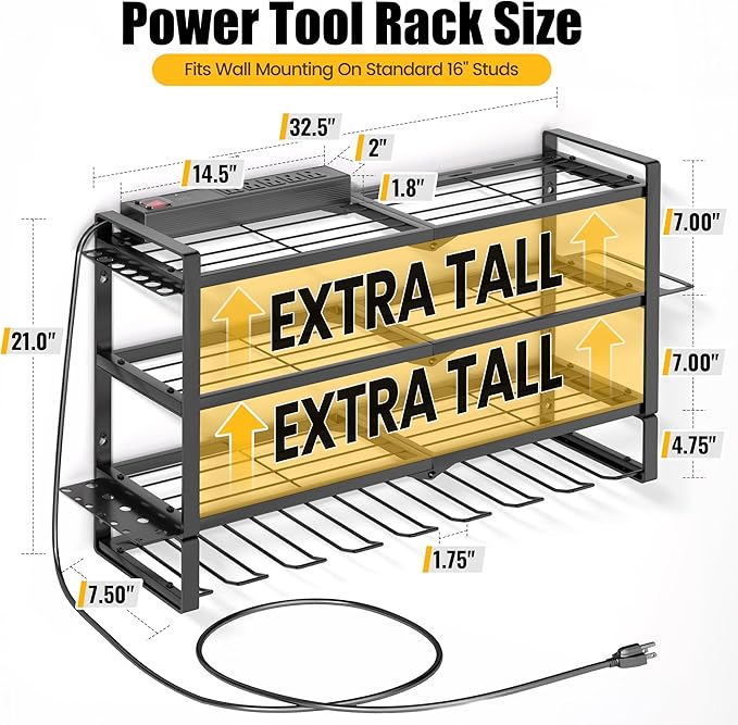 MOOMSINE Large Power Tool Organizer Wall Mount with Charging Station, 400lbs Metal Storage Rack with 8 Cordless Drill Holder,