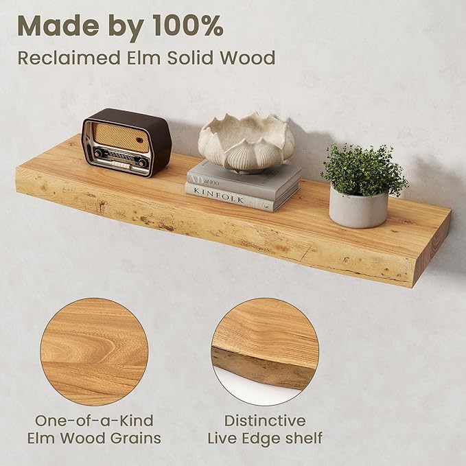 Fun Memories Floating Shelves for Wall Decor Set of 2-32 Inch Solid Elm Wood Live Edge - Rustic Natural Wall Shelves with Inv