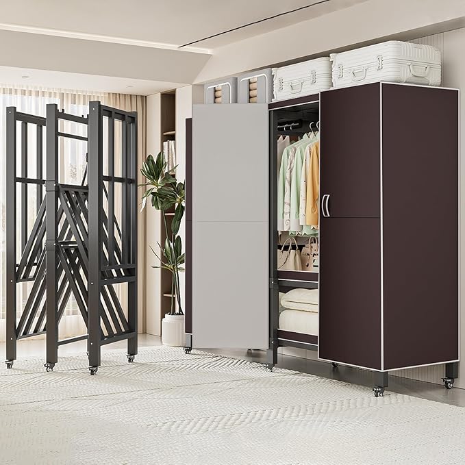 Heavy Duty Covered Clothes Rack with Magnetic Door Foldable Portable Wardrobe Closet for Hanging Clothing Rolling Black Metal