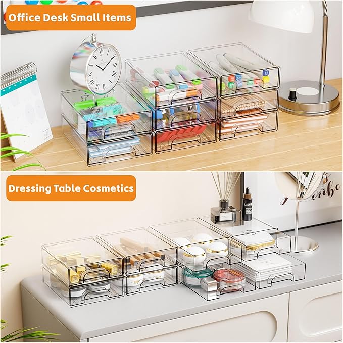 Yieach 2.2'' Tall Acrylic Clear Stackable Storage Drawer Organizer,8 Pack Desk Organization and Storage,Plastic Office Supply