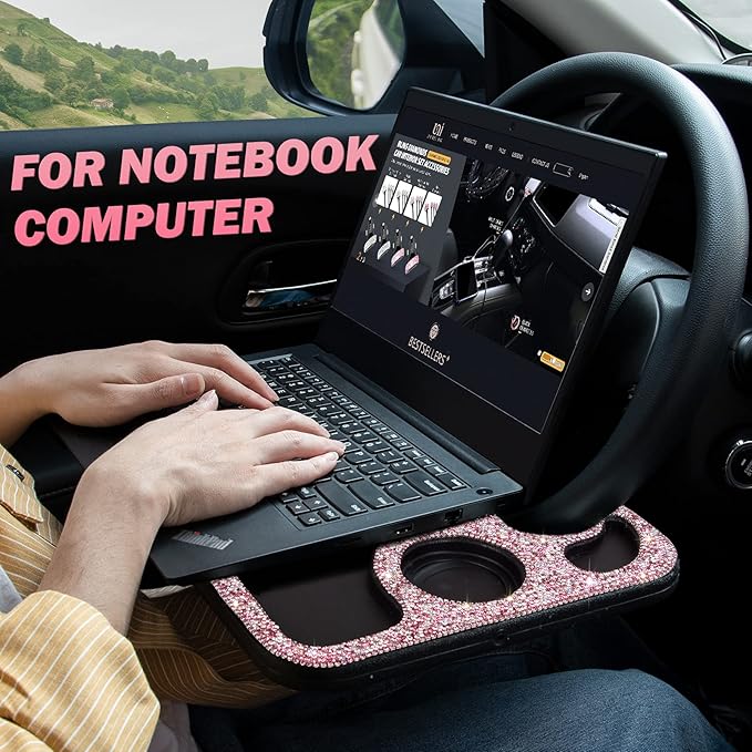 eing Bling Auto Steering Wheel Desk, Laptop,Tablet, Notebook Car Travel Table, Food Eating Hook On Steering Wheel Tray, for Constant Travelers, Fits Most Vehicles Steering Wheels,Pink