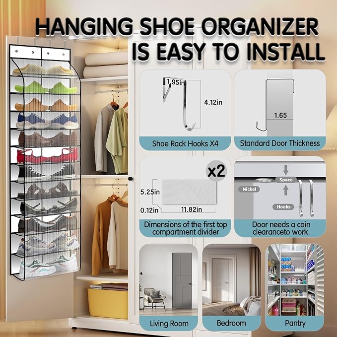 Kotkn Over The Door Shoe Organizer with 12 Large Breathable Pockets - Durable Hanging Storage for the Entire Family's Shoes (