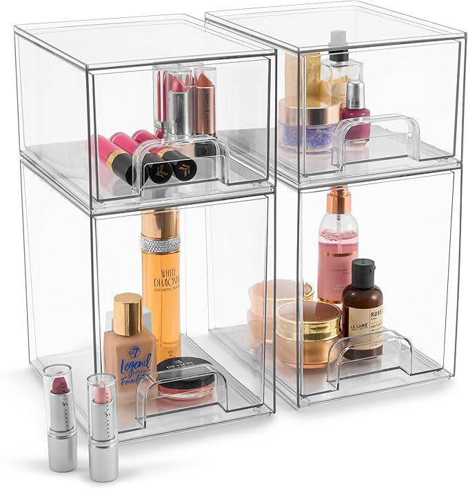 Sorbus Acrylic Storage Containers - 4 Pack, Stackable Storage Bins Set for Bathroom Organization - Clear Acrylic Drawer Organ