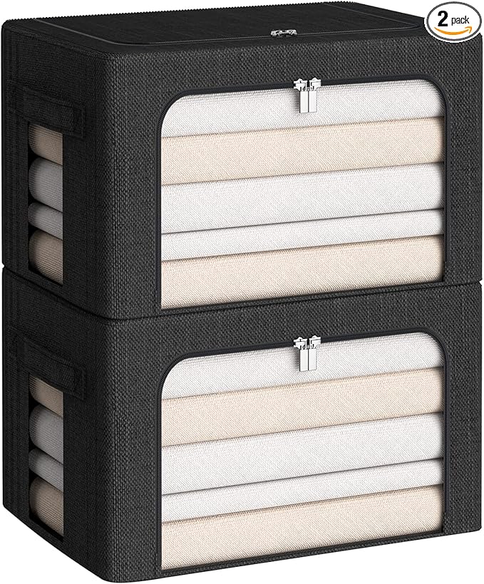 CYhom Clothes Storage Bins Box - Linen Fabric Foldable Stackable Container Organizer Set with Clear Window & Carry Handles & 