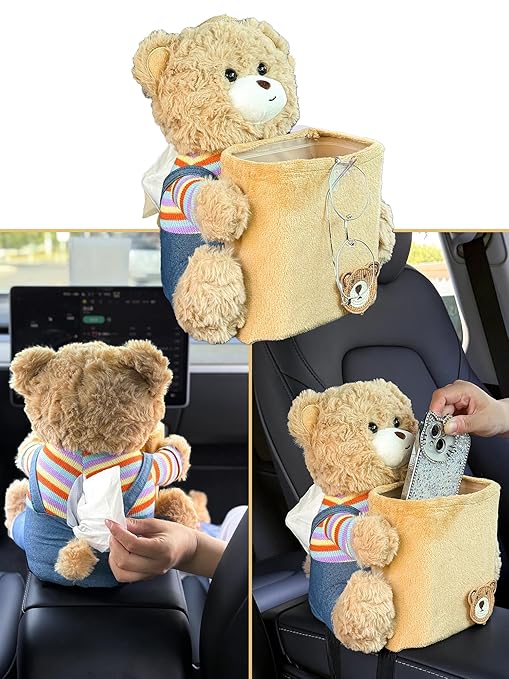 Cute Car Trash Can with Tissue Holder Teddy Bear Tissue Box Console Stuffed Animal Organizer Plush Doll Multifunctional Creative Accessories for Women Rainbow Bear