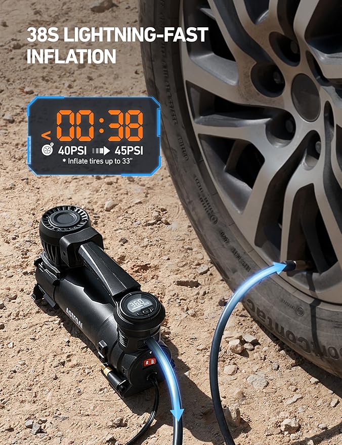 AstroAI T4 Heavy-Duty Air Compressor Truck Tire Inflator with 1.97CFM Auto Shutoff 12V, 120PSI Digital Screen with Alligator Clips, LED Light for Pickup, Truck, SUV RV for Up to 33 Inch Tires